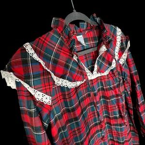 Vintage Sears Plaid Nightgown Womens Size M Cotton Lace Trim Long Sleeve